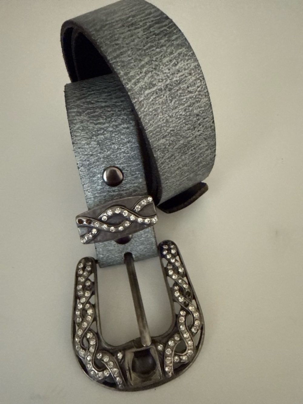 Vintage Emporio Armani Rhinestone Western Buckle Italy Silver Leather Belt